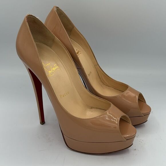 Christian Louboutin Beige Patent Leather Lady Peep Toe Platform Pumps Size 40.5 - Picture 5 of 14